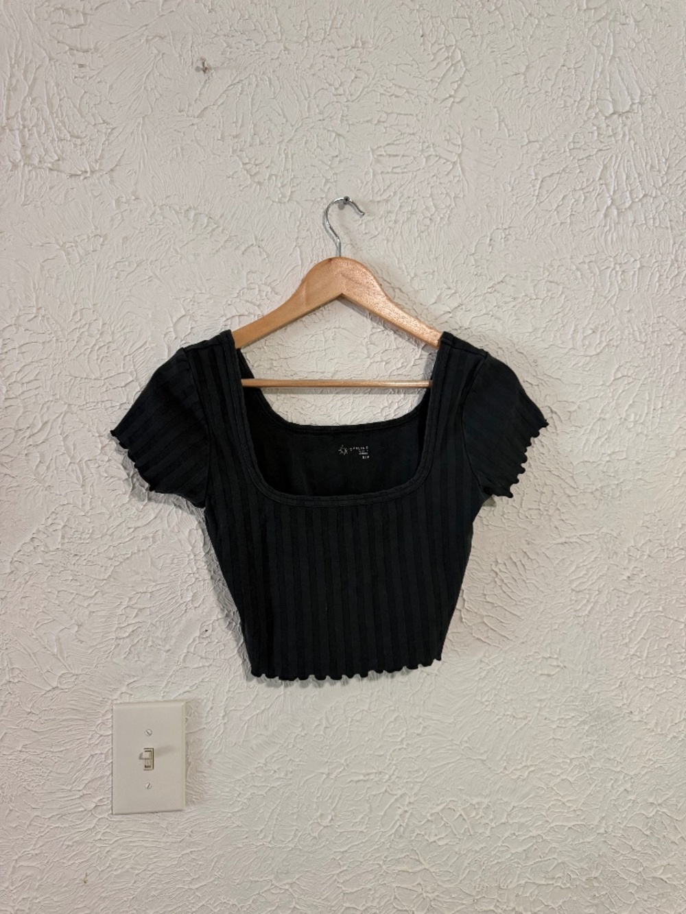Aerie OFFLINE Ribbed Cropped Top Black Medium Square Neck Short Sleeve
